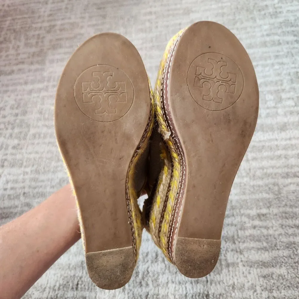 Tory Burch espadrille wedge platform slingback peep-toe sandals yellow size 7